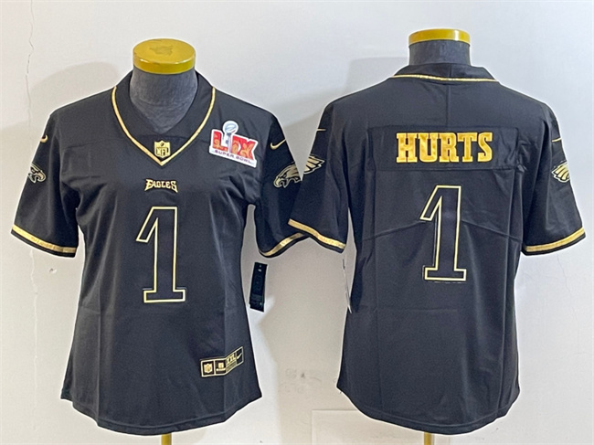 Women's Philadelphia Eagles #1 Jalen Hurts Black/Gold 2025 Super Bowl LIX Patch Salute To Service Vapor Untouchable Limited Stitched Football Jersey(Run Small) Women's Philadelphia Eagles #1 Jalen Hurts Black/Gold 2025 Super Bowl LIX Patch Salute To Service Vapor Untouchable Limited Stitched Football Jersey(Run Small)